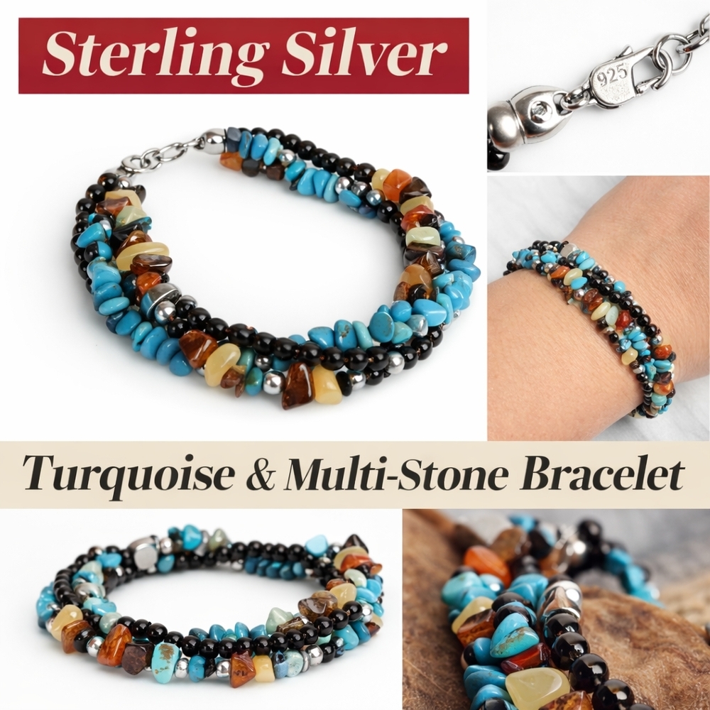 Sterling Silver Multi Strand Turquoise Carnelian Chip Stone Bracelet Southwester